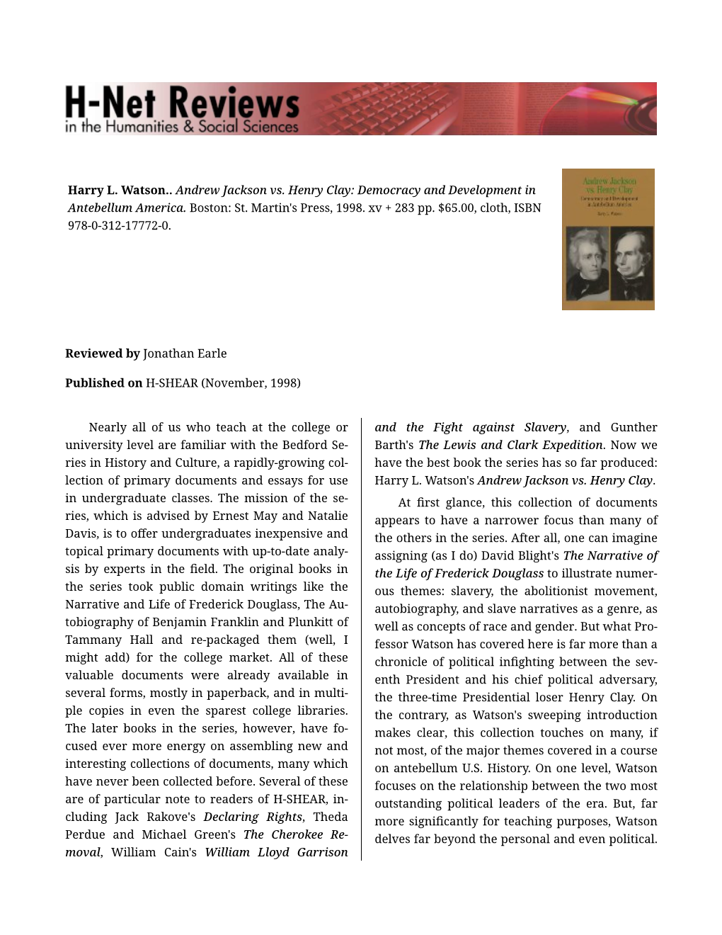 Jonathan Earle on Andrew Jackson Vs. Henry Clay: Democracy and Development in Antebellum America