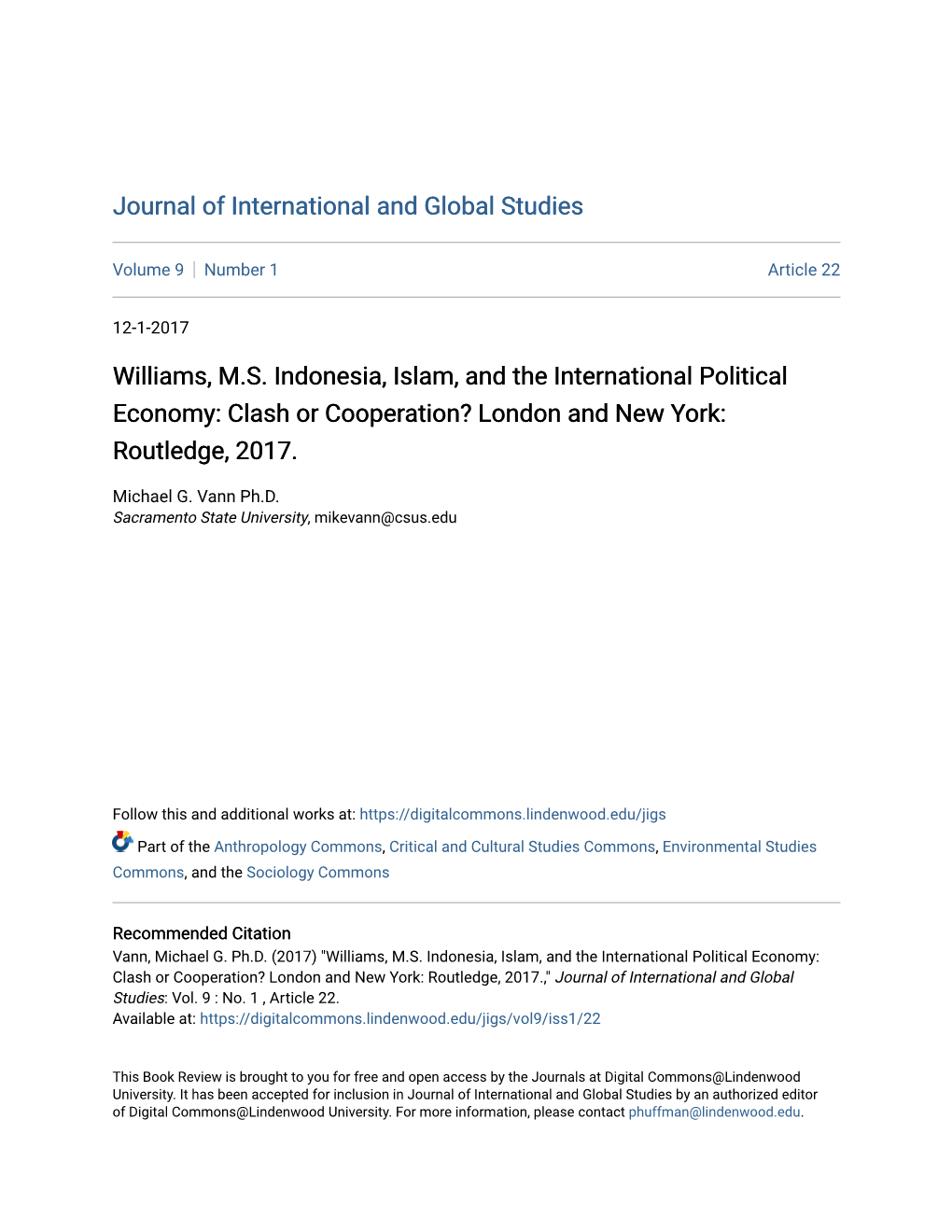 Williams, MS Indonesia, Islam, and the International Political Economy