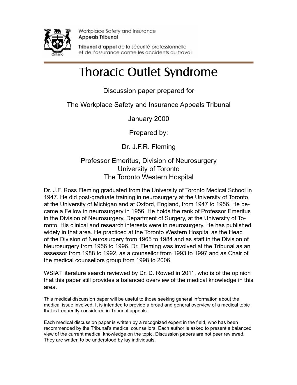 Thoracic Outlet Syndrome WSIAT Medical Discussion Paper