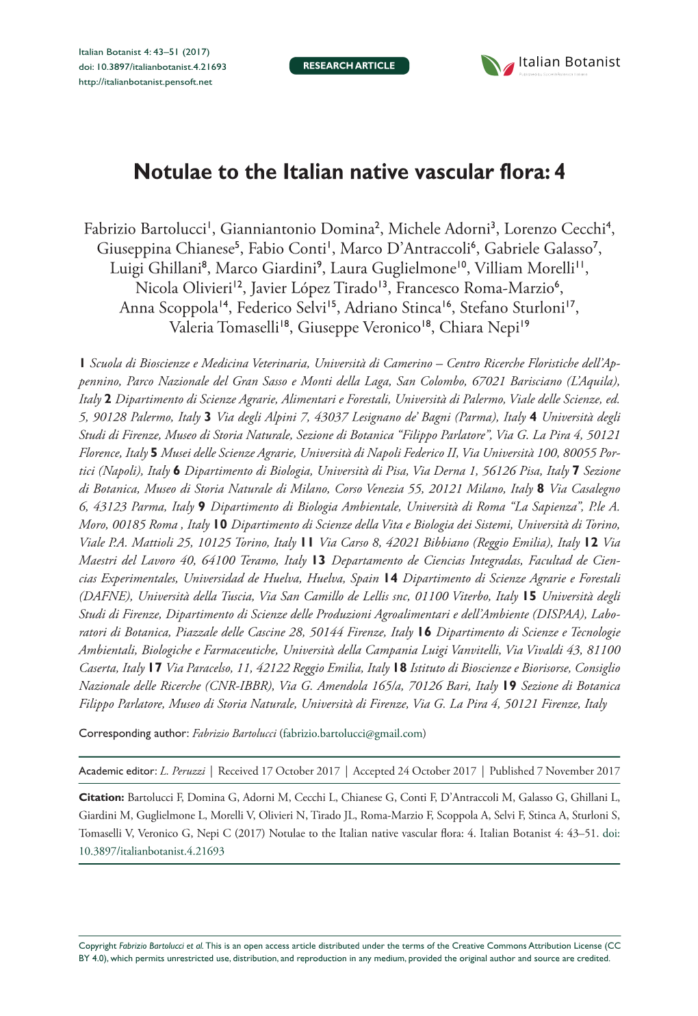 Notulae to the Italian Native Vascular Flora: 4 43 Doi: 10.3897/Italianbotanist.4.21693 RESEARCH ARTICLE