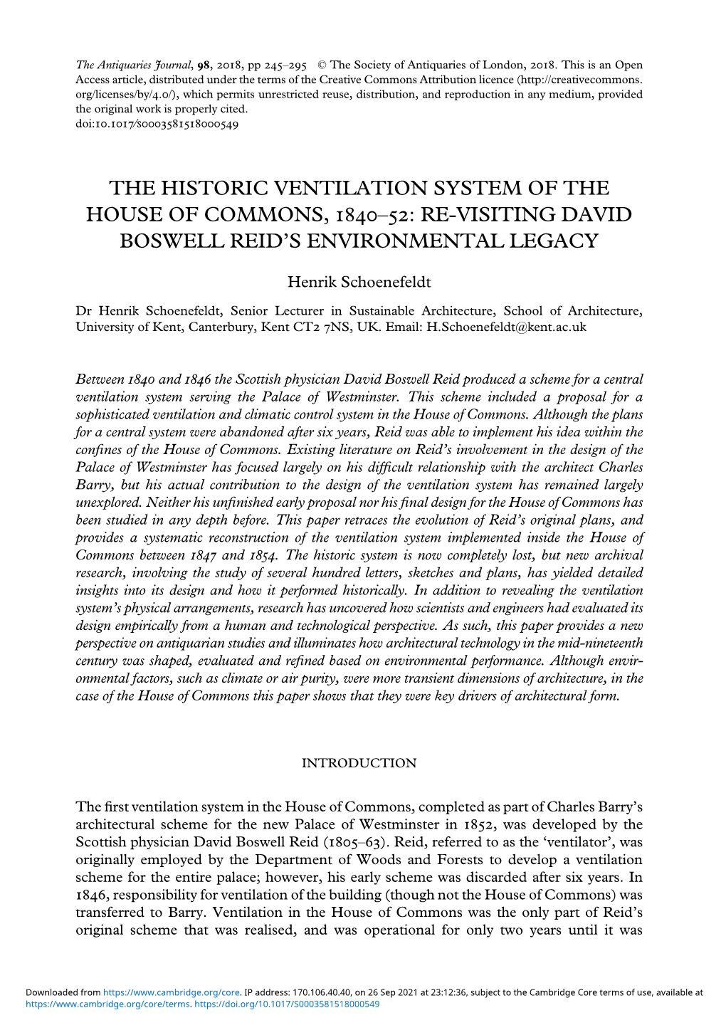 The Historic Ventilation System of the House of Commons, 1840–52: Re-Visiting David Boswell Reid’S Environmental Legacy