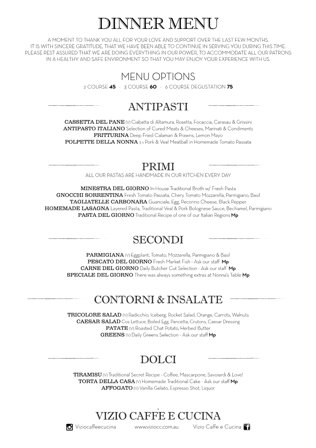 VZ Dinner Menu