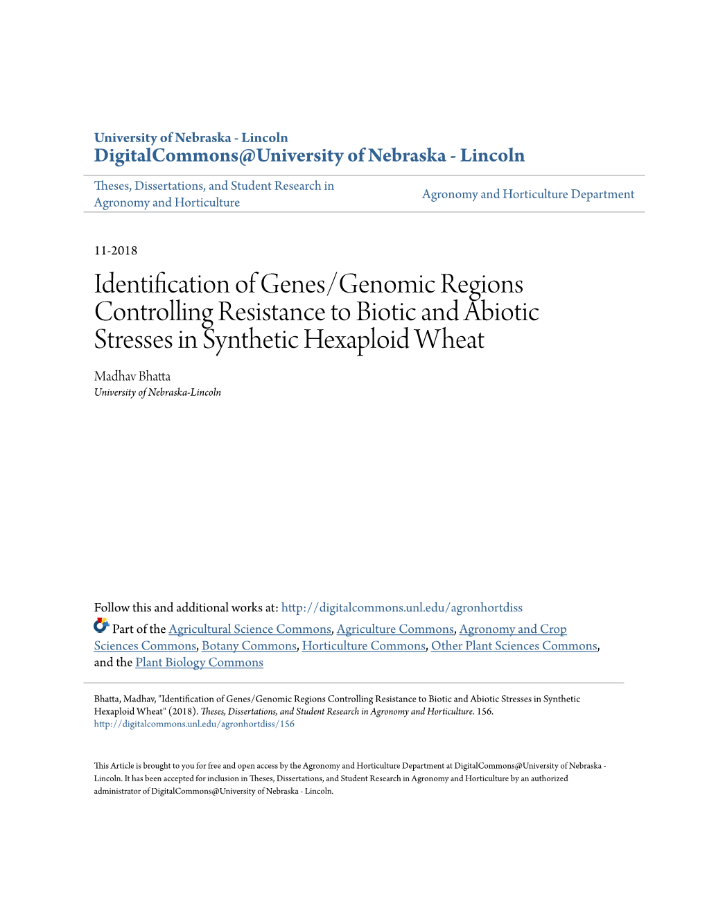 Identification of Genes/Genomic Regions Controlling Resistance to Biotic and Abiotic Stresses in Synthetic Hexaploid Wheat