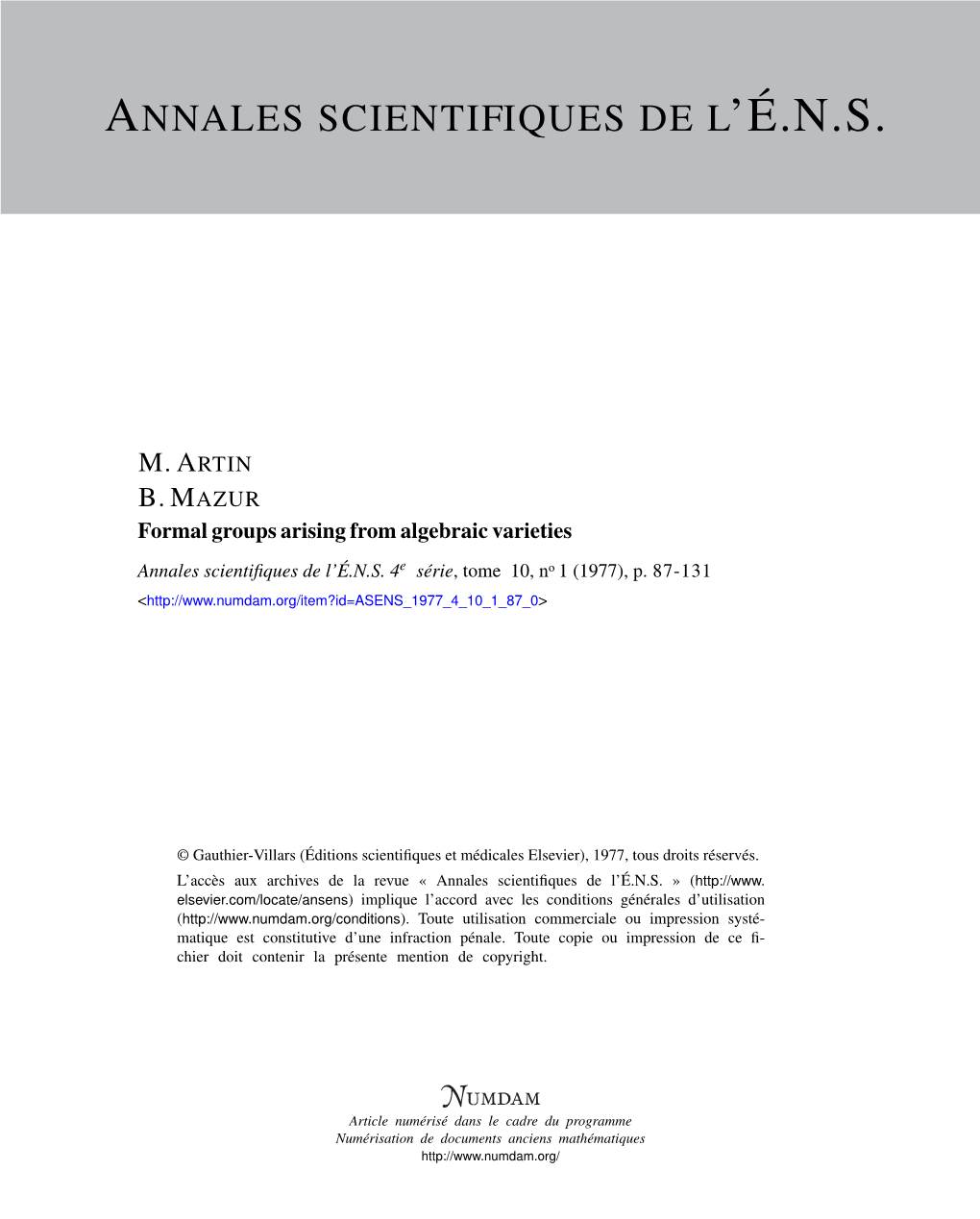 Formal Groups Arising from Algebraic Varieties