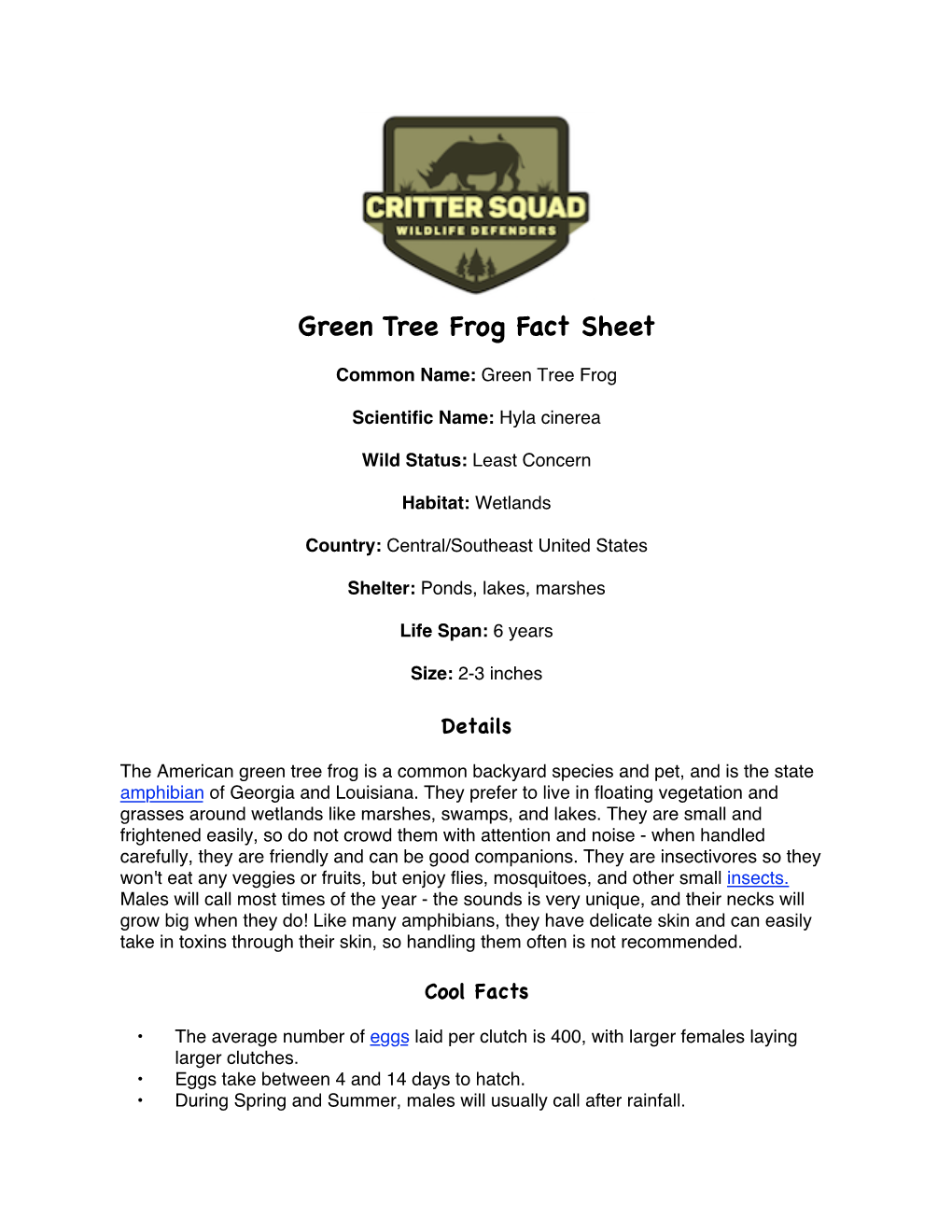 Green Tree Frog Fact Sheet