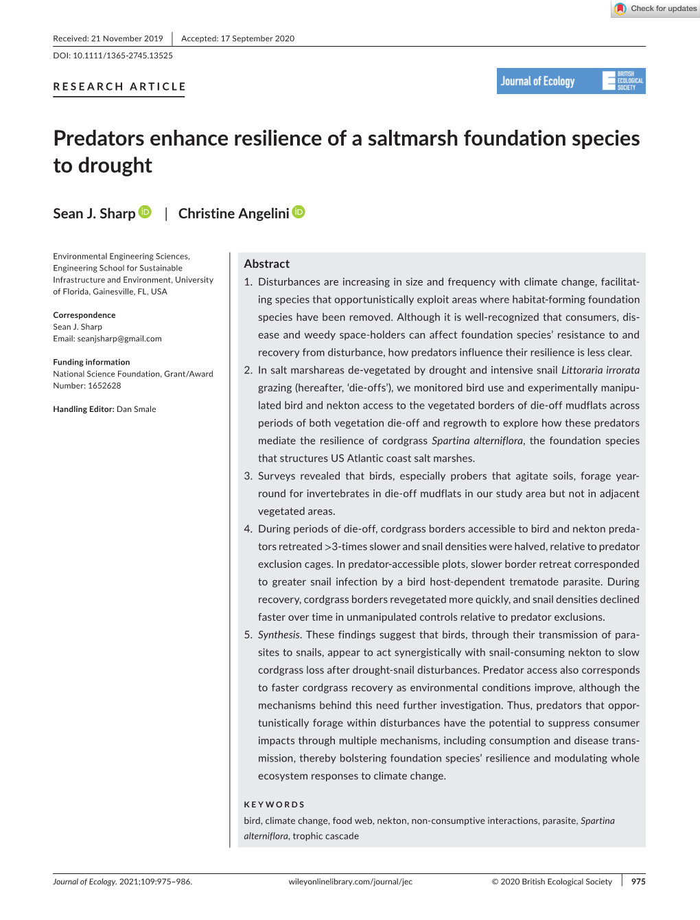 Predators Enhance Resilience of a Saltmarsh Foundation Species to Drought