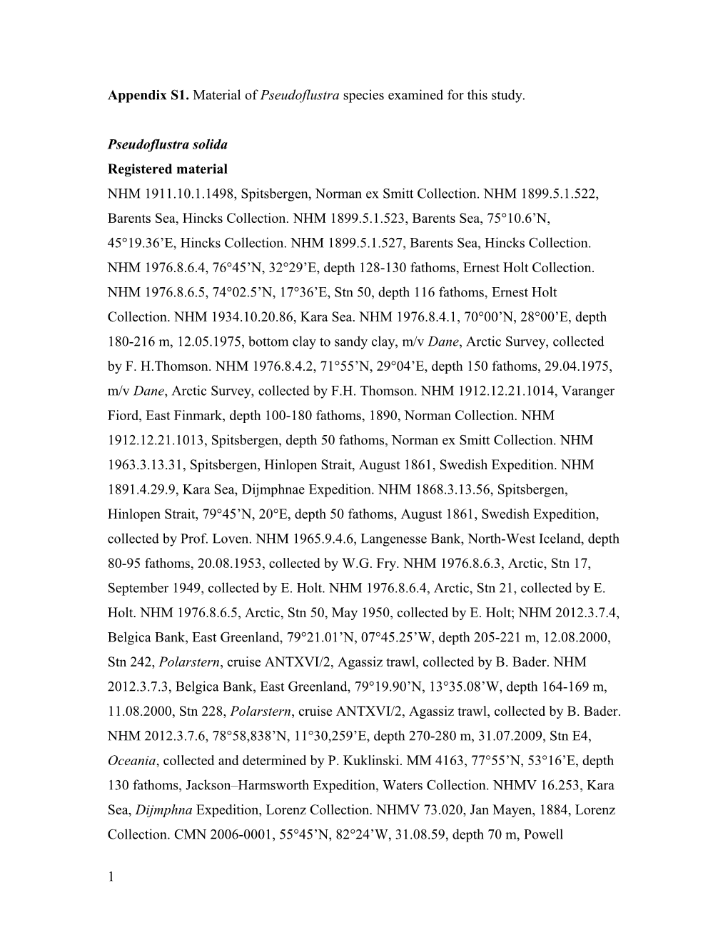 Appendix S1. Material of Pseudoflustra Species Examined for This Study