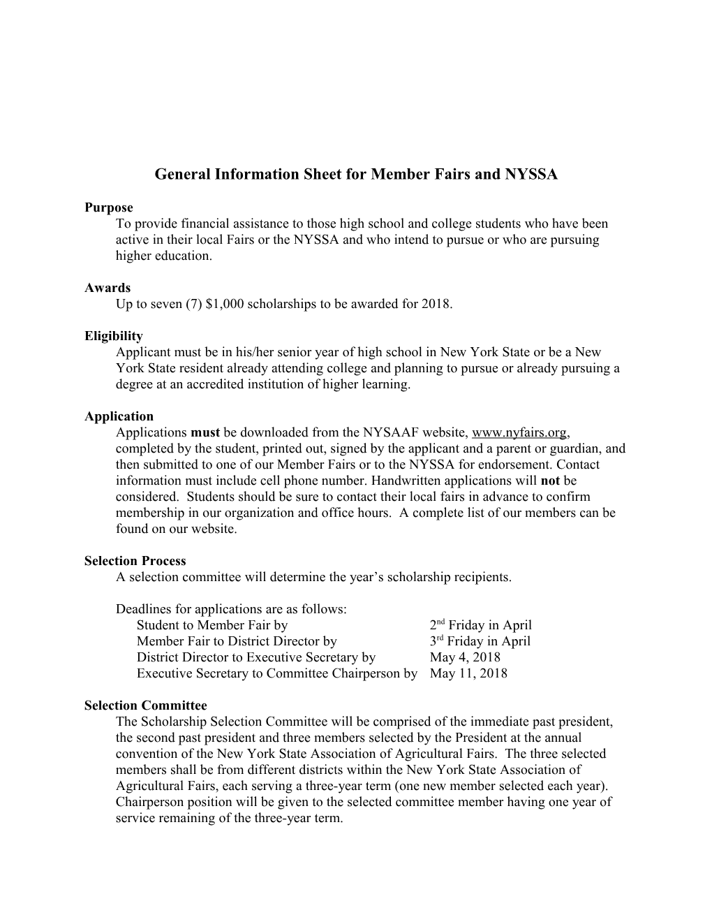 General Information Sheet for Member Fairs and NYSSA