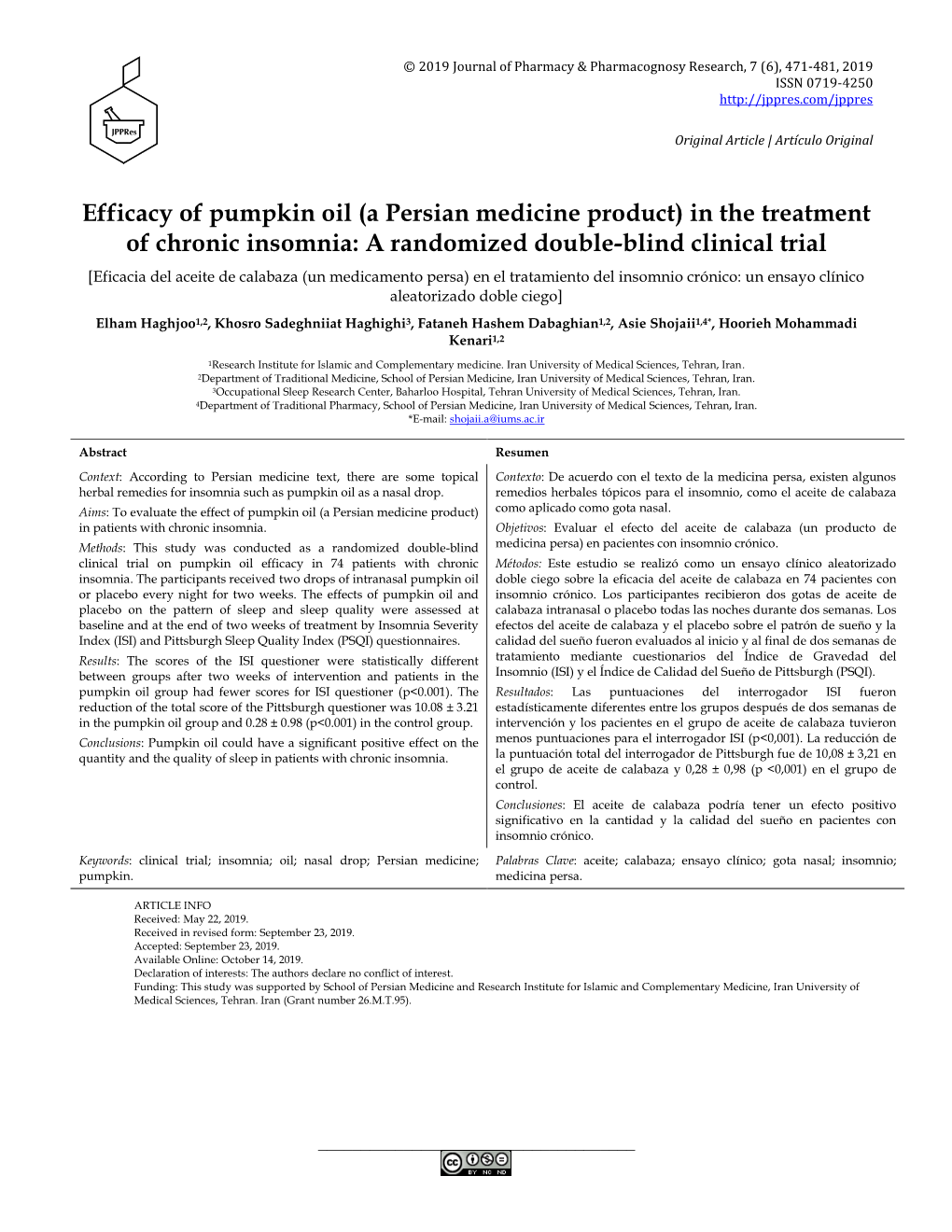 Efficacy of Pumpkin Oil (A Persian Medicine Product) in the Treatment of Chronic Insomnia: a Randomized Double-Blind Clinical Tr