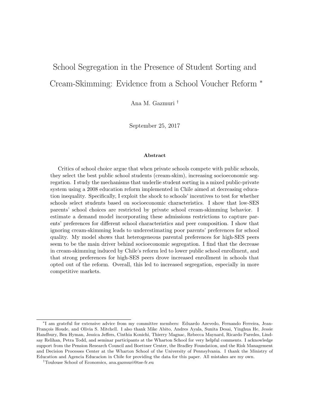 School Segregation in the Presence of Student Sorting and Cream-Skimming: Evidence from a School Voucher Reform ∗