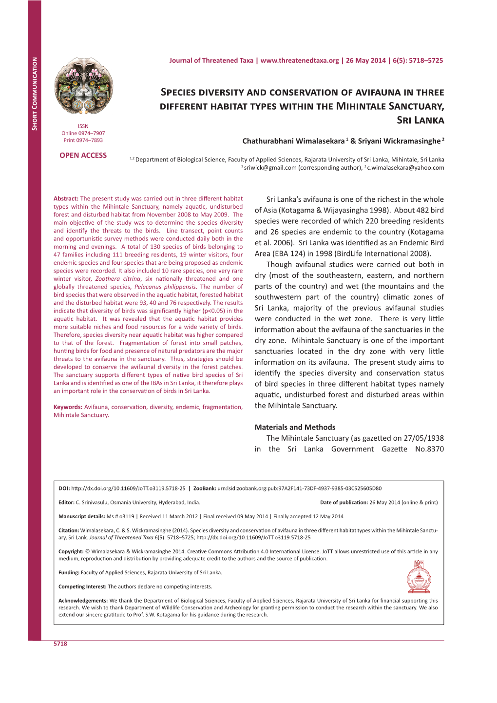 Species Diversity and Conservation of Avifauna in Three Different Habitat Types Within the Mihintale Sanctuary