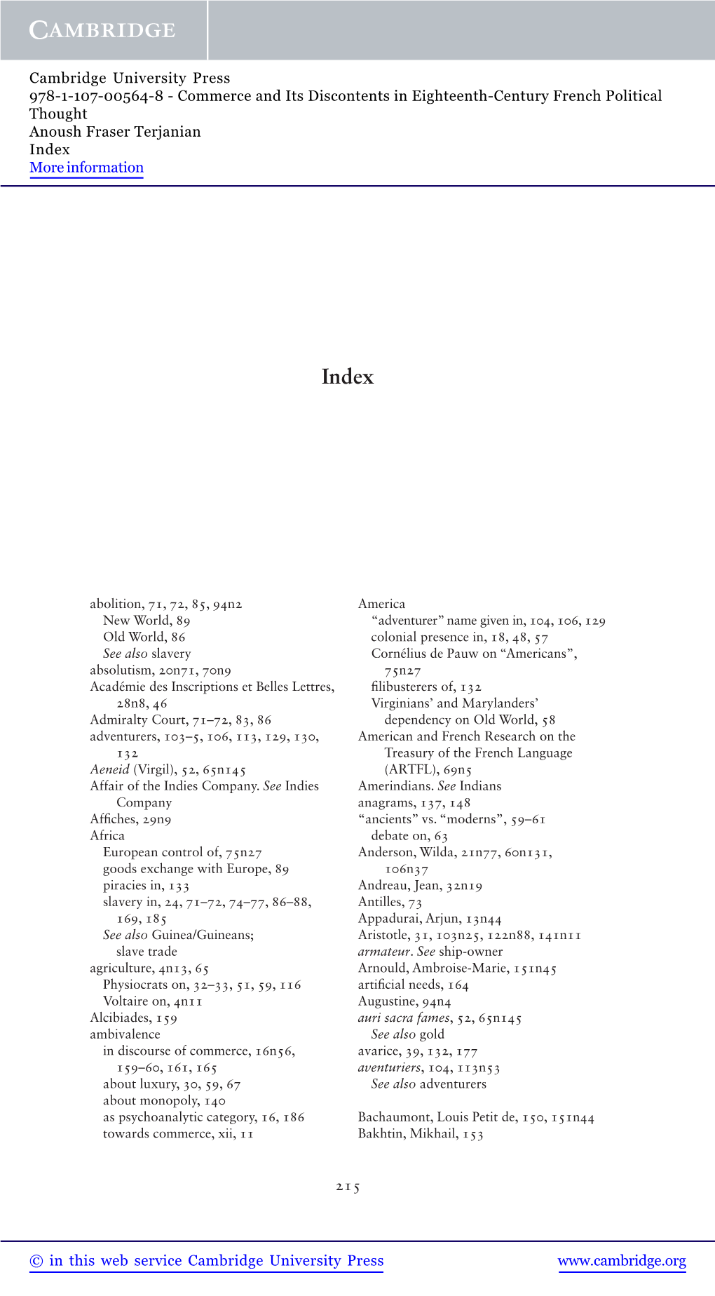 Commerce and Its Discontents in Eighteenth-Century French Political Thought Anoush Fraser Terjanian Index More Information