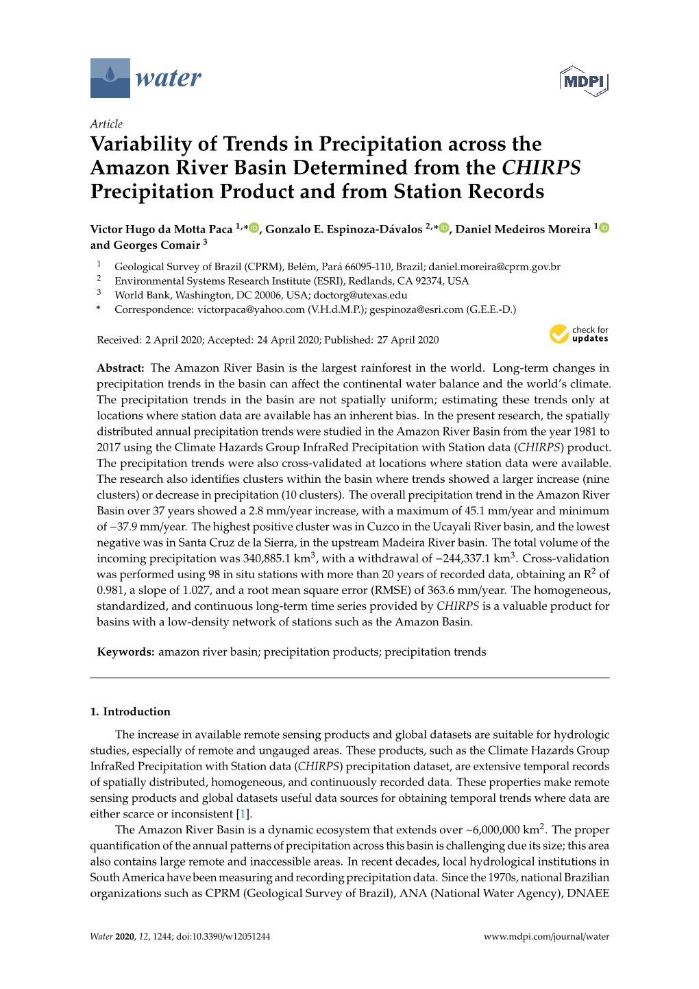 Variability of Trends in Precipitation Across the Amazon River Basin Determined from the CHIRPS Precipitation Product and from Station Records