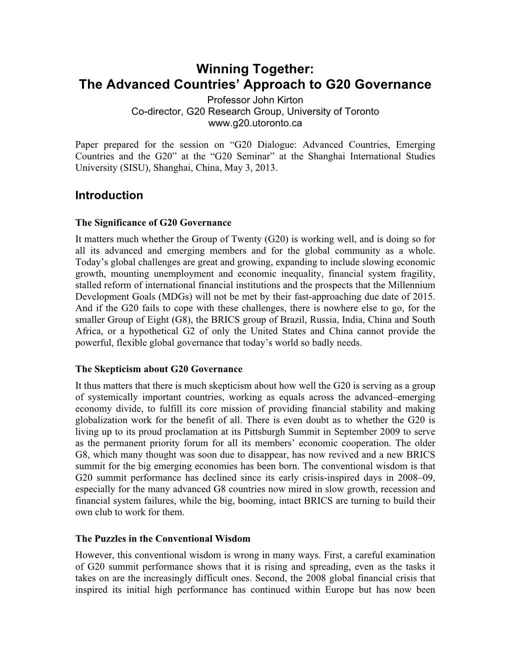 Winning Together: the Advanced Countries' Approach to G20 Governance