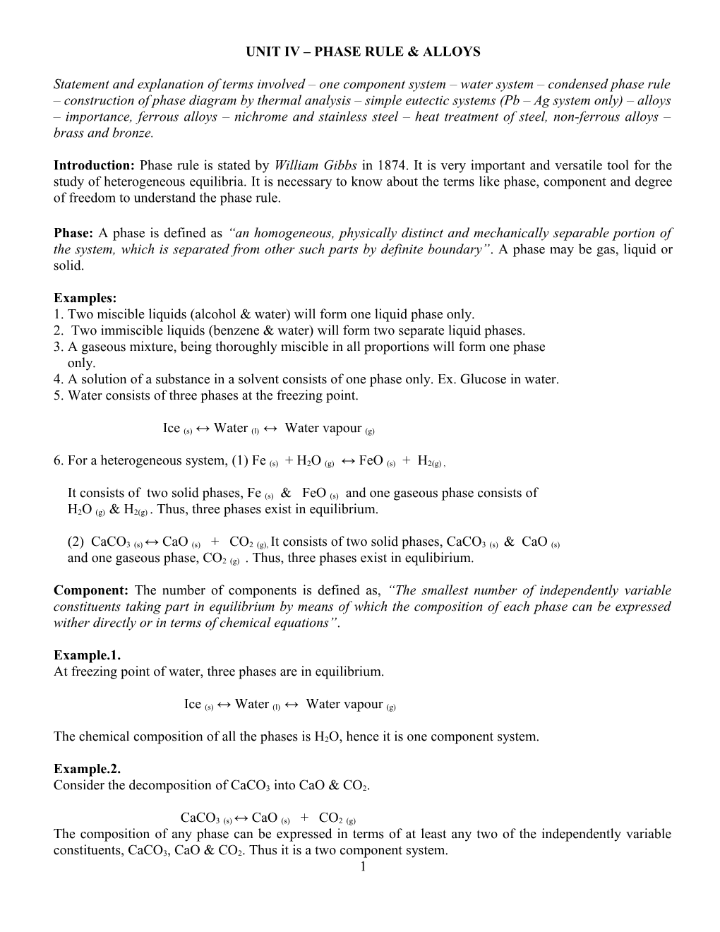 Unit Iv Phase Rule & Alloys