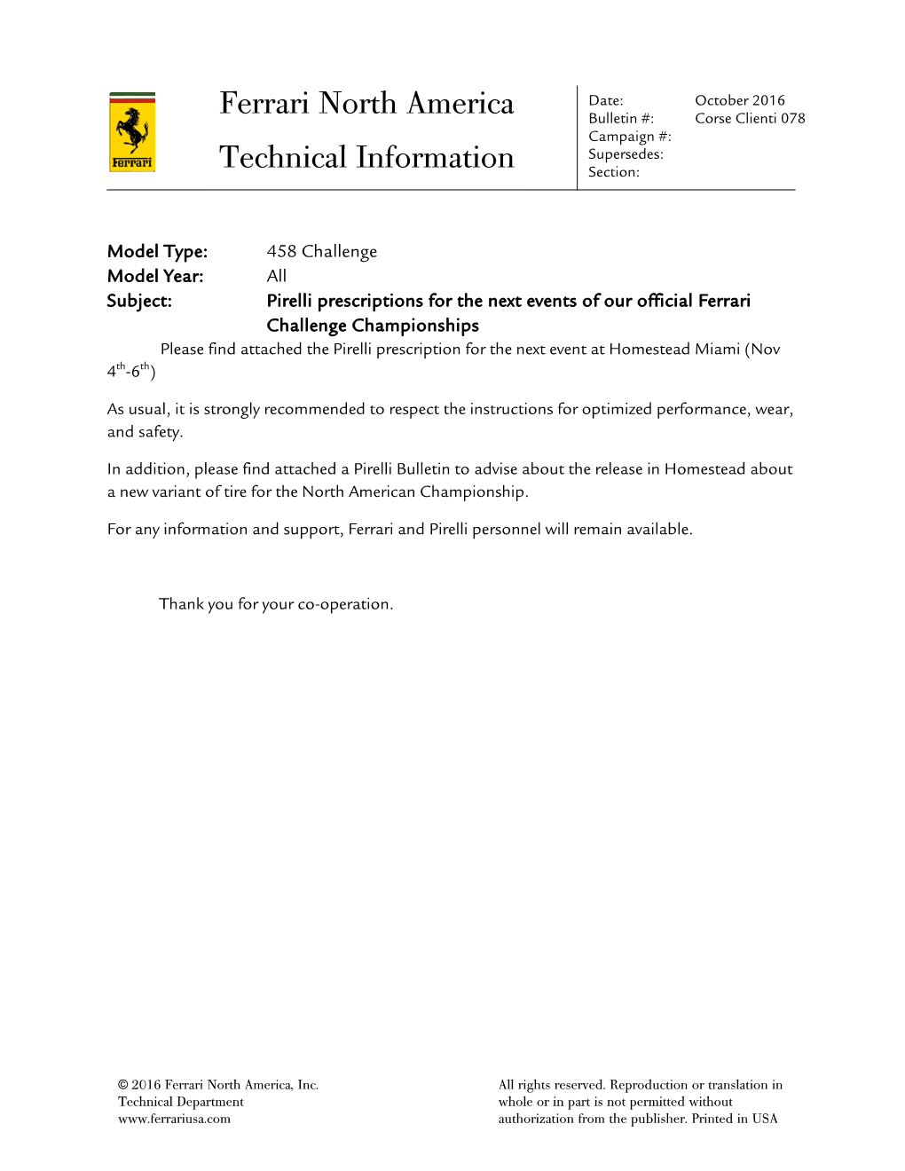 Ferrari North America Technical Information