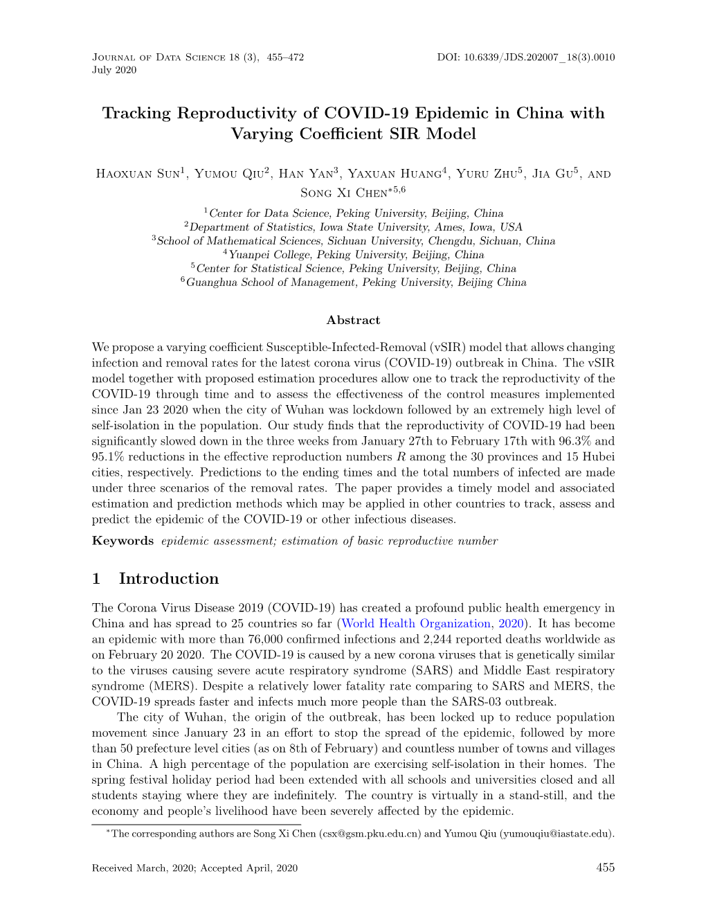 Tracking Reproductivity of COVID-19 Epidemic in China with Varying Coeﬃcient SIR Model