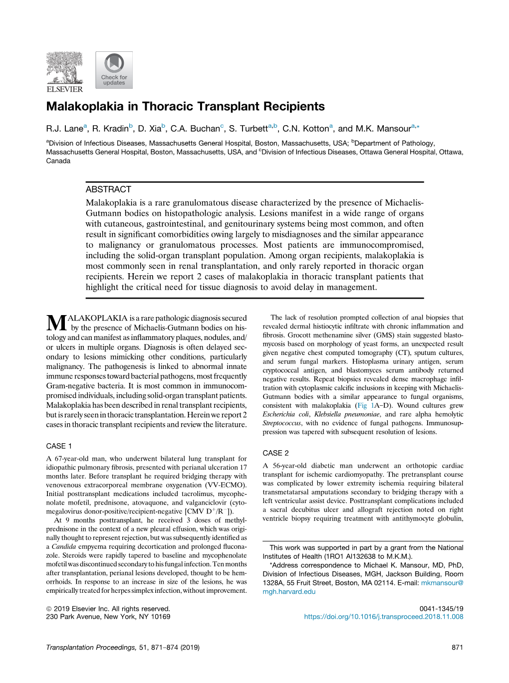 Malakoplakia in Thoracic Transplant Recipients