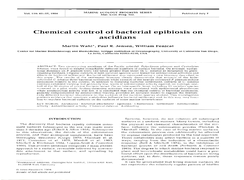 Chemical Control of Bacterial Epibiosis on Ascidians