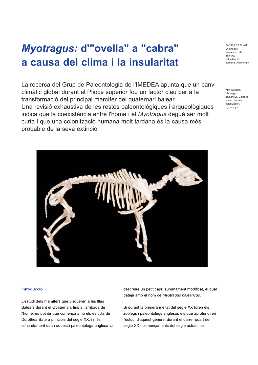 Myotragus: D'"Ovella" a "Cabra" a Causa Del Clima I La Insularitat