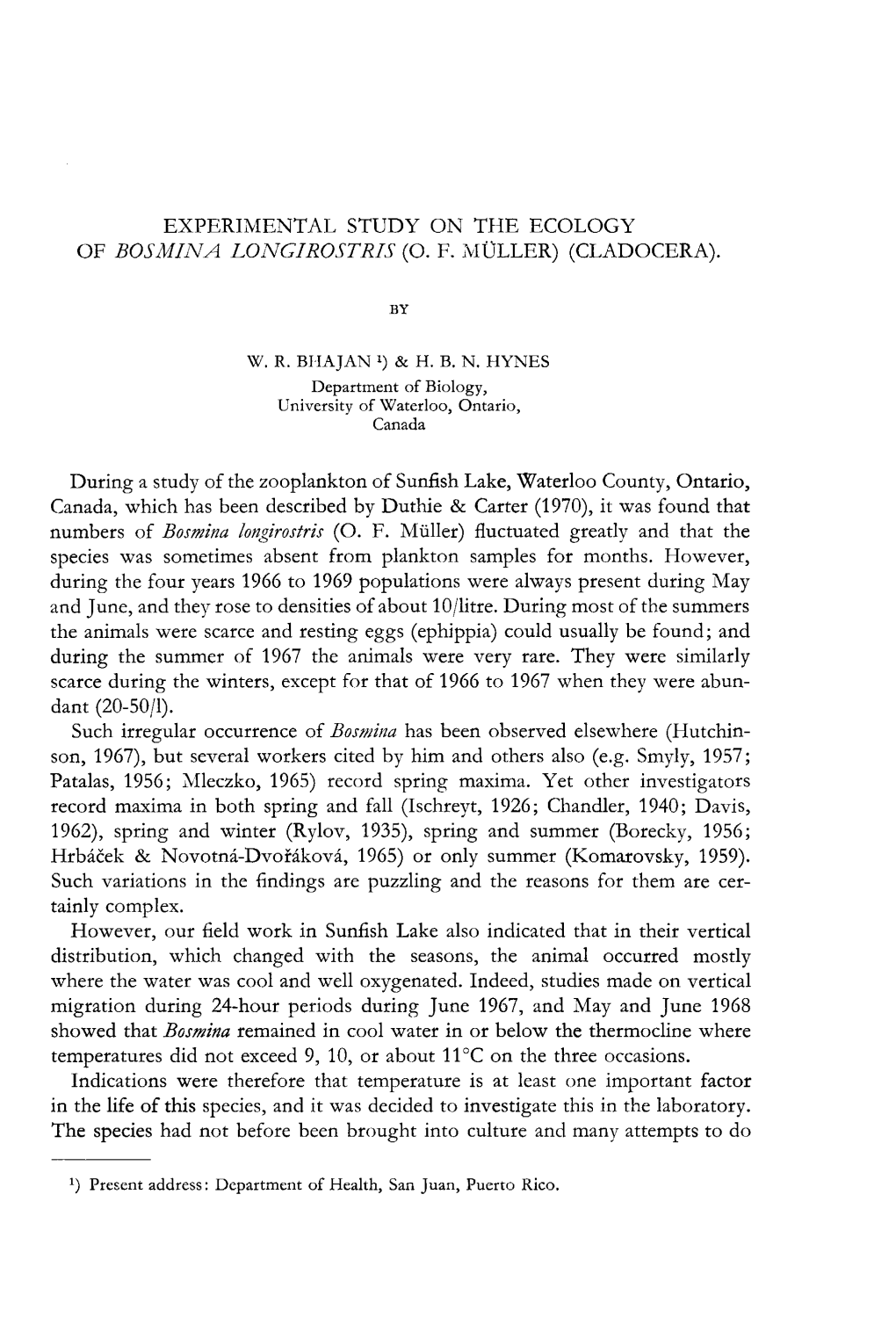 Experimental Study on the Ecology of Bosmina Longirostris (O. F. Müller) (Cladocera). by W. R. Bhajan 1) & H. B. N. Hynes D