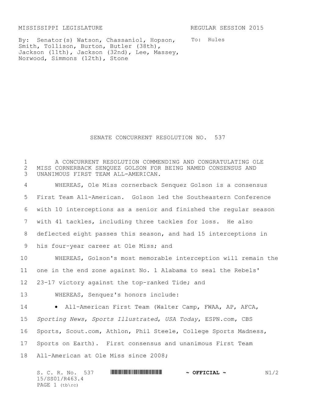 MISSISSIPPI LEGISLATURE REGULAR SESSION 2015 By