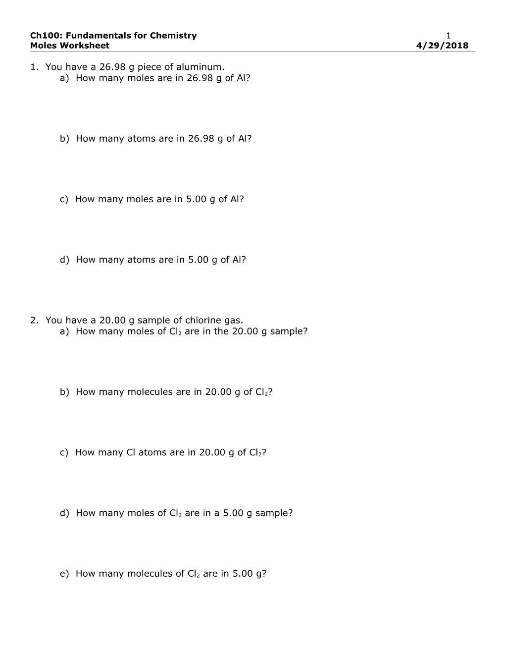 Moles Worksheet 12/5/2006