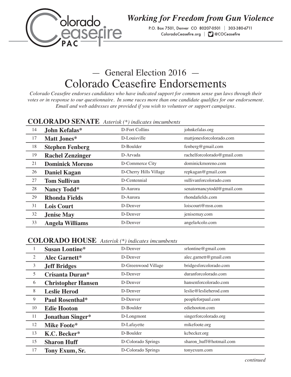 Colorado Ceasefire Endorsements