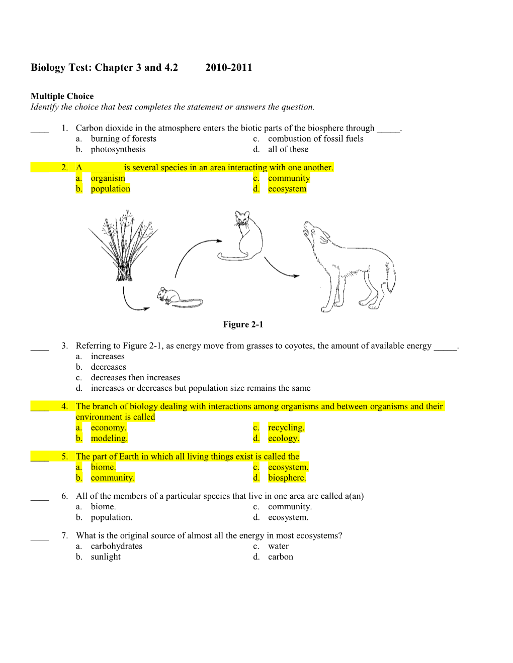 Biology Test: Chapter 3 and 4.2 2010-2011