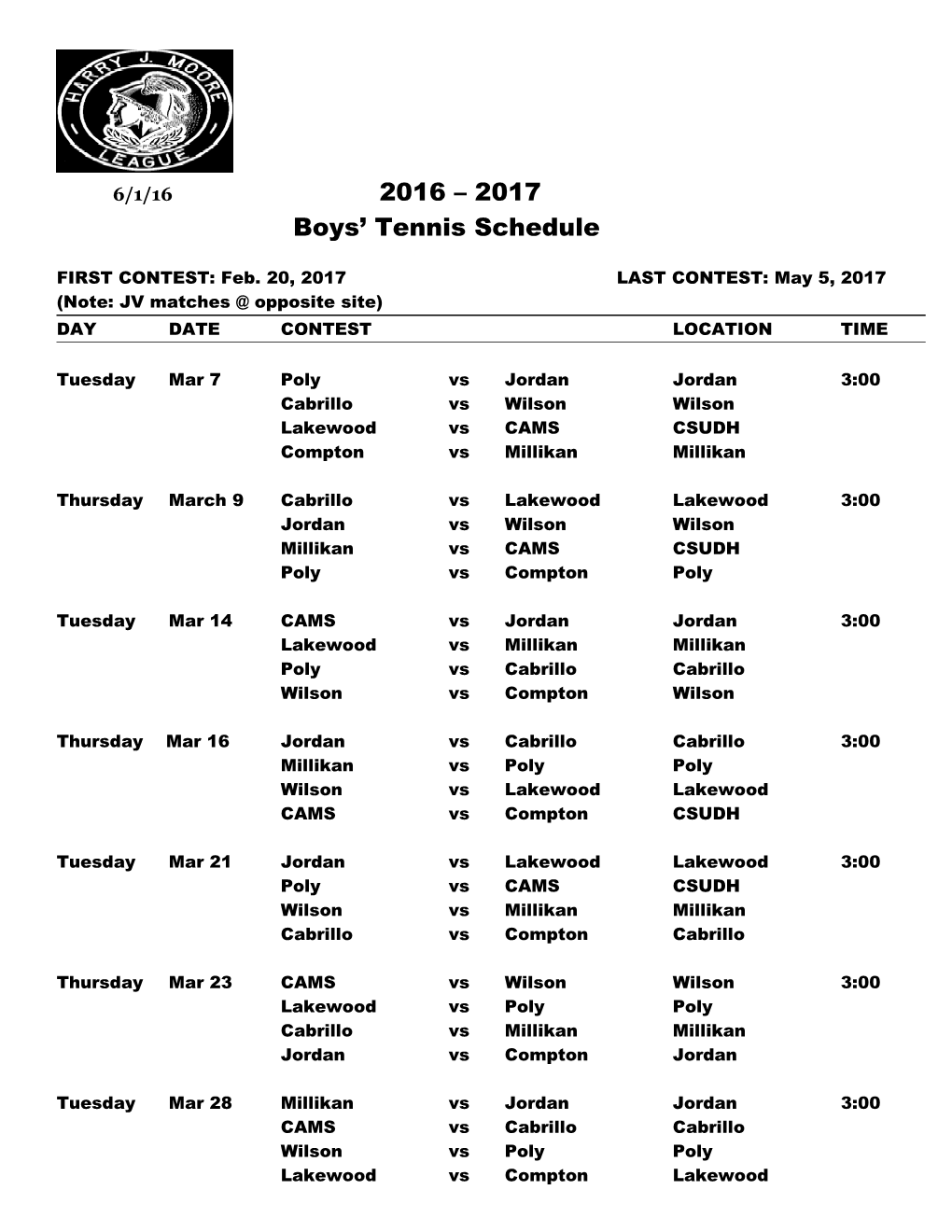 Boys Tennis Schedule