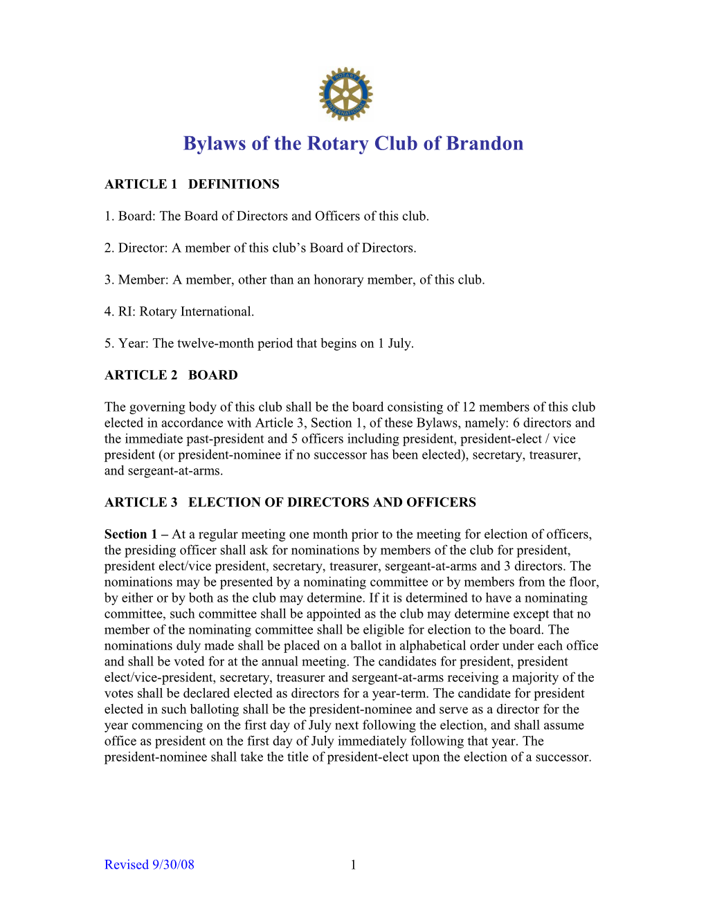 Bylaws of the Rotary Club of Brandon