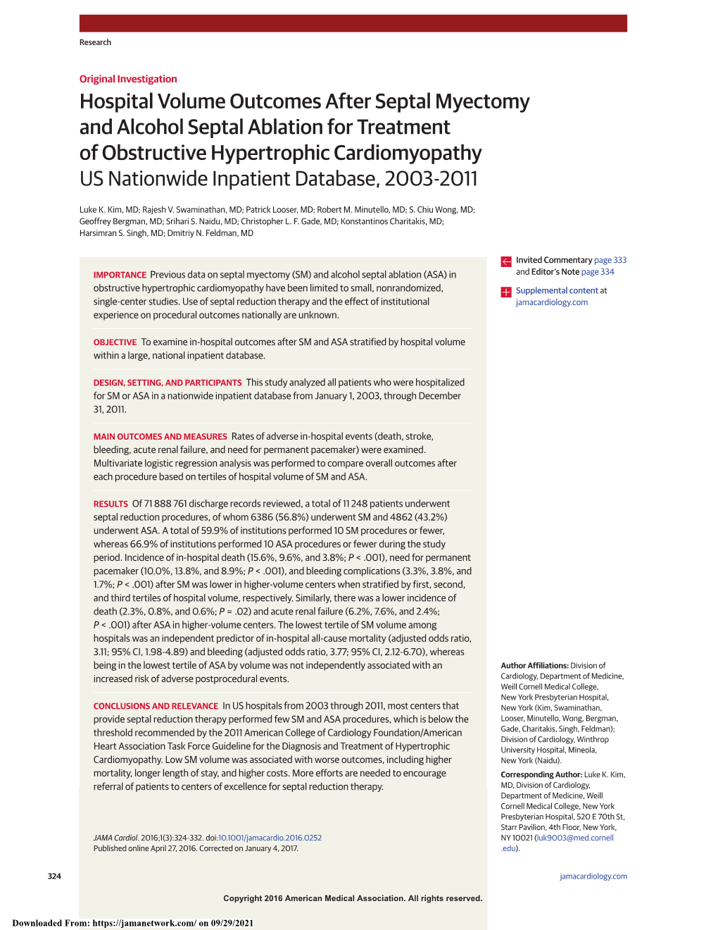 Hospital Volume Outcomes After Septal Myectomy