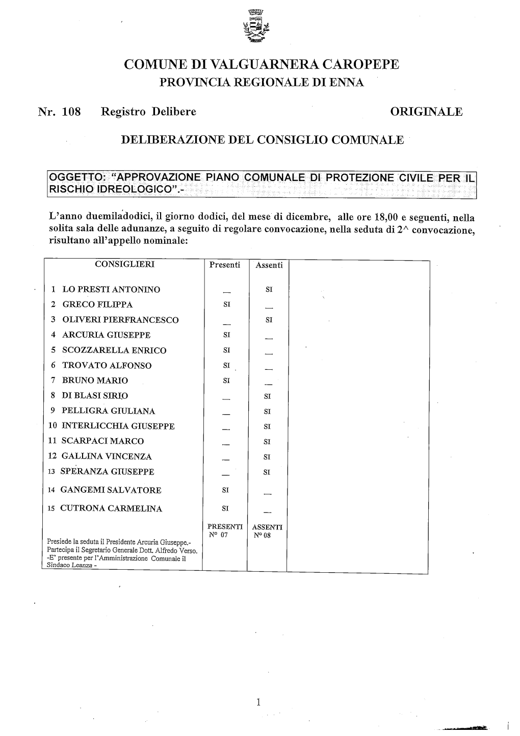 Approvazione Piano Comunale Di Protezione Civile Per Il Rischio Idreologico"