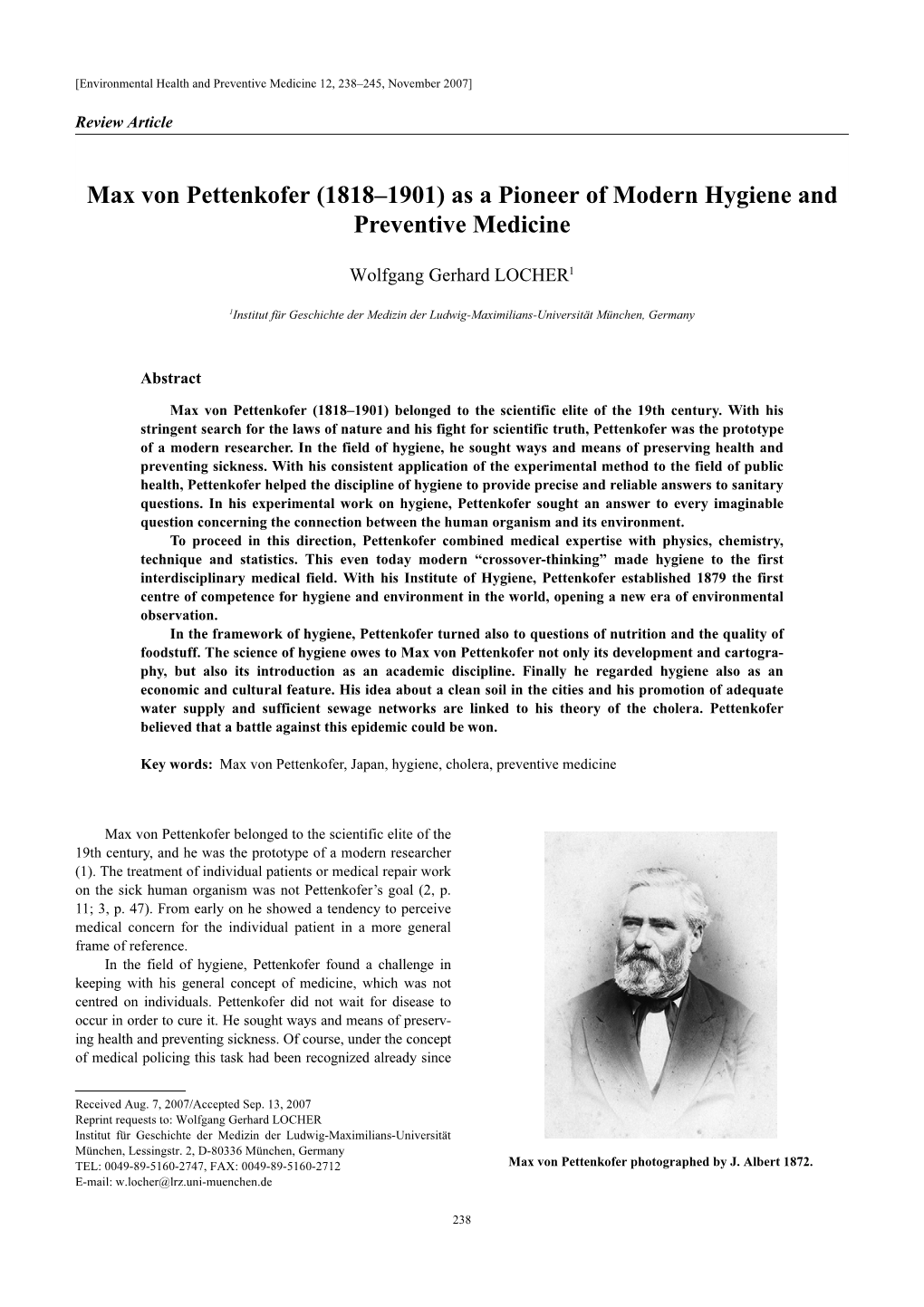 Max Von Pettenkofer (1818–1901) As a Pioneer of Modern Hygiene and Preventive Medicine