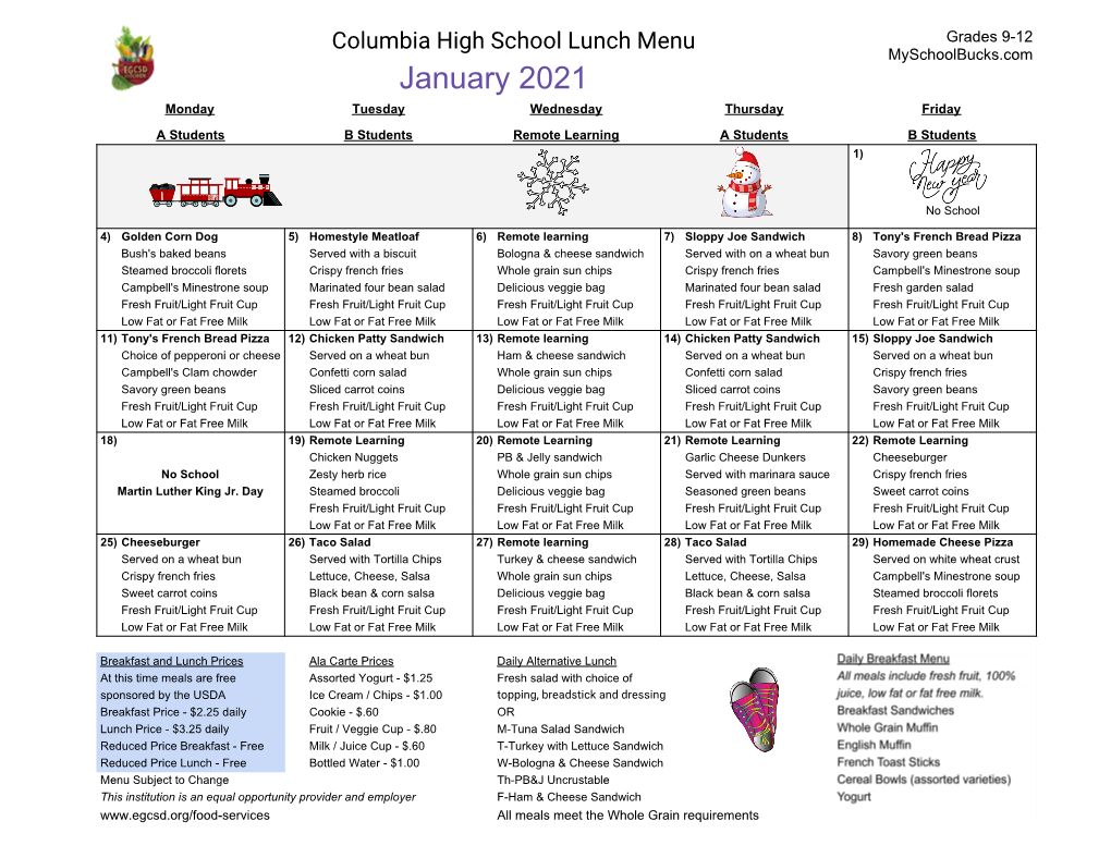 Columbia High School Lunch Menu Grades 9-12 Myschoolbucks.Com January 2021 Monday Tuesday Wednesday Thursday Friday