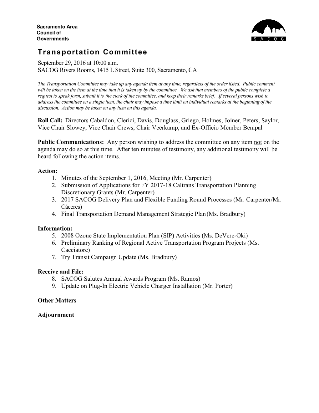 Transportation Committee September 29, 2016 at 10:00 A.M