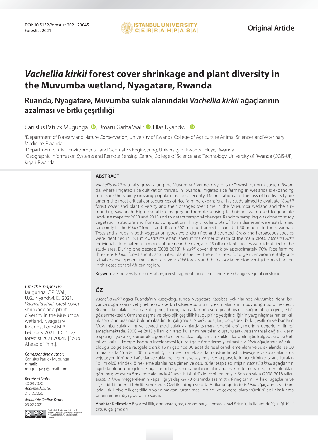 Vachellia Kirkii Forest Cover Shrinkage and Plant Diversity in the Muvumba