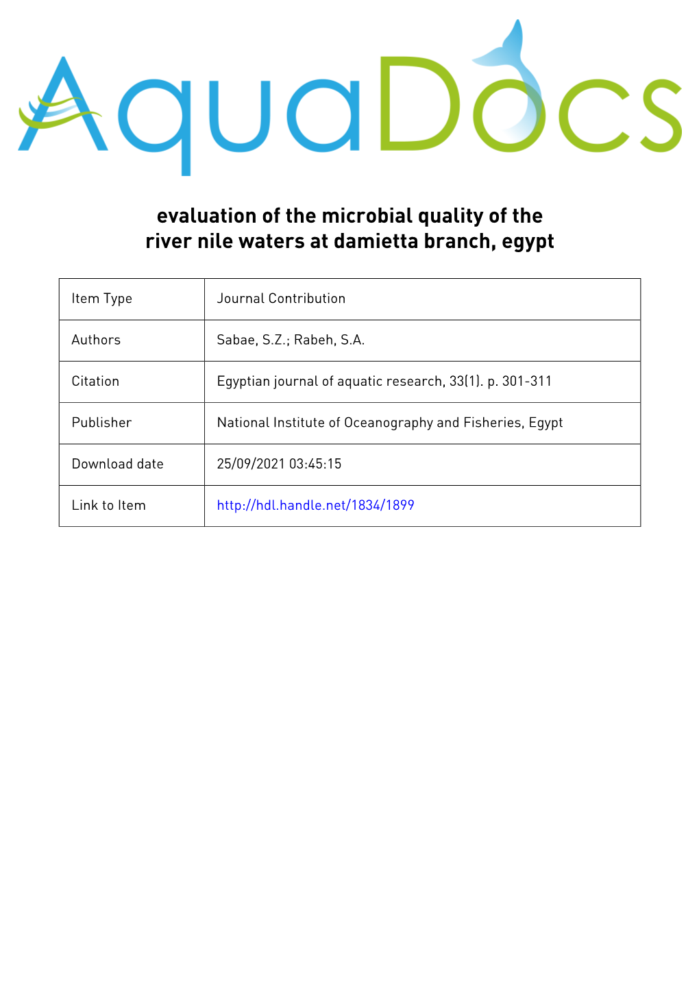 Evaluation of the Microbial Quality of the River Nile Waters at Damietta Branch, Egypt