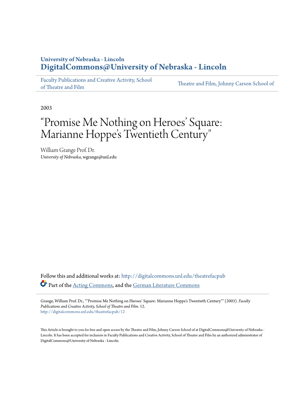 “Promise Me Nothing on Heroes' Square: Marianne Hoppe's