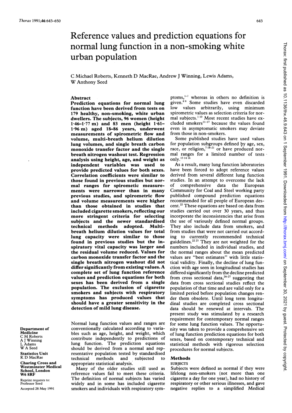 Reference Values and Prediction Equations for Urban Population