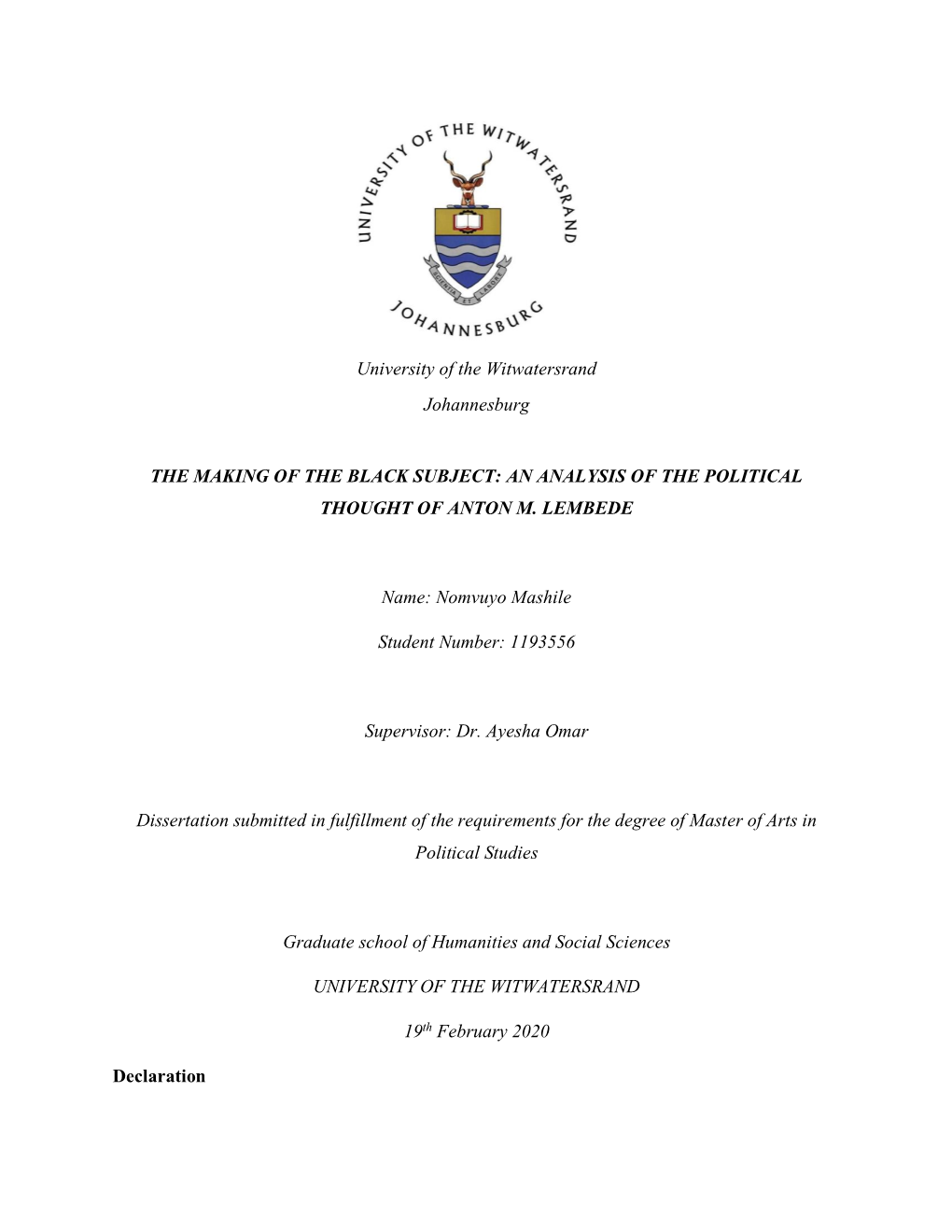 University of the Witwatersrand Johannesburg the MAKING OF