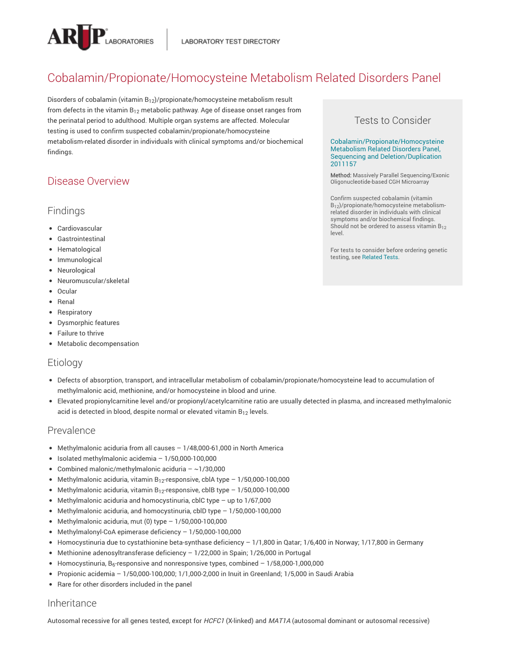 Cobalamin/Propionate/Homocysteine Metabolism Related Disorders Panel