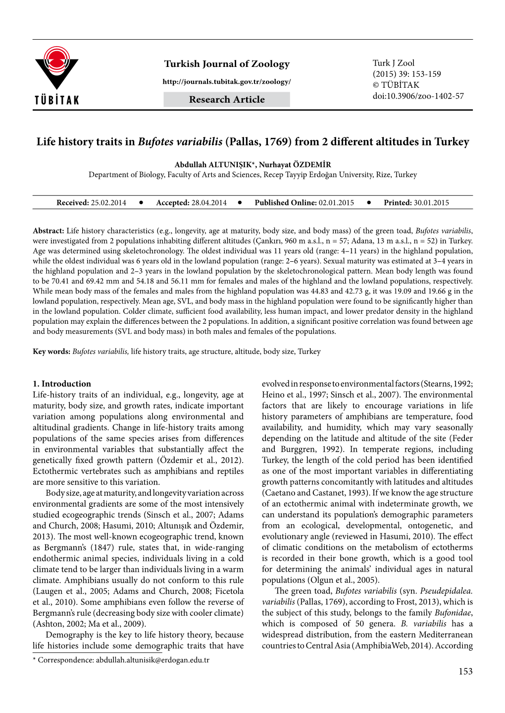 Life History Traits in Bufotes Variabilis (Pallas, 1769) from 2 Different Altitudes in Turkey