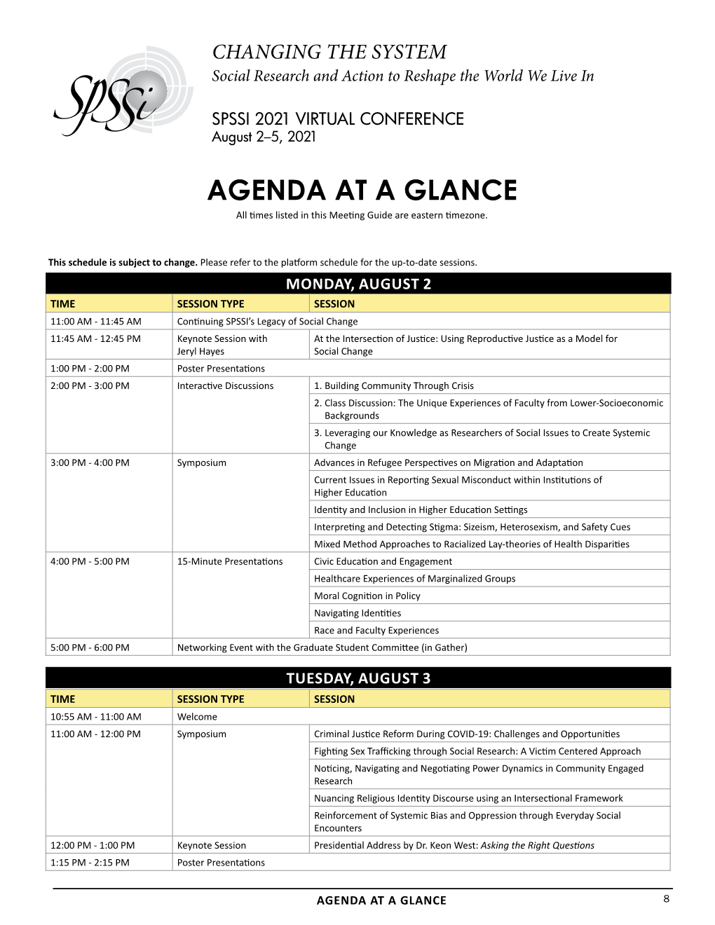 AGENDA at a GLANCE All Times Listed in This Meeting Guide Are Eastern Timezone