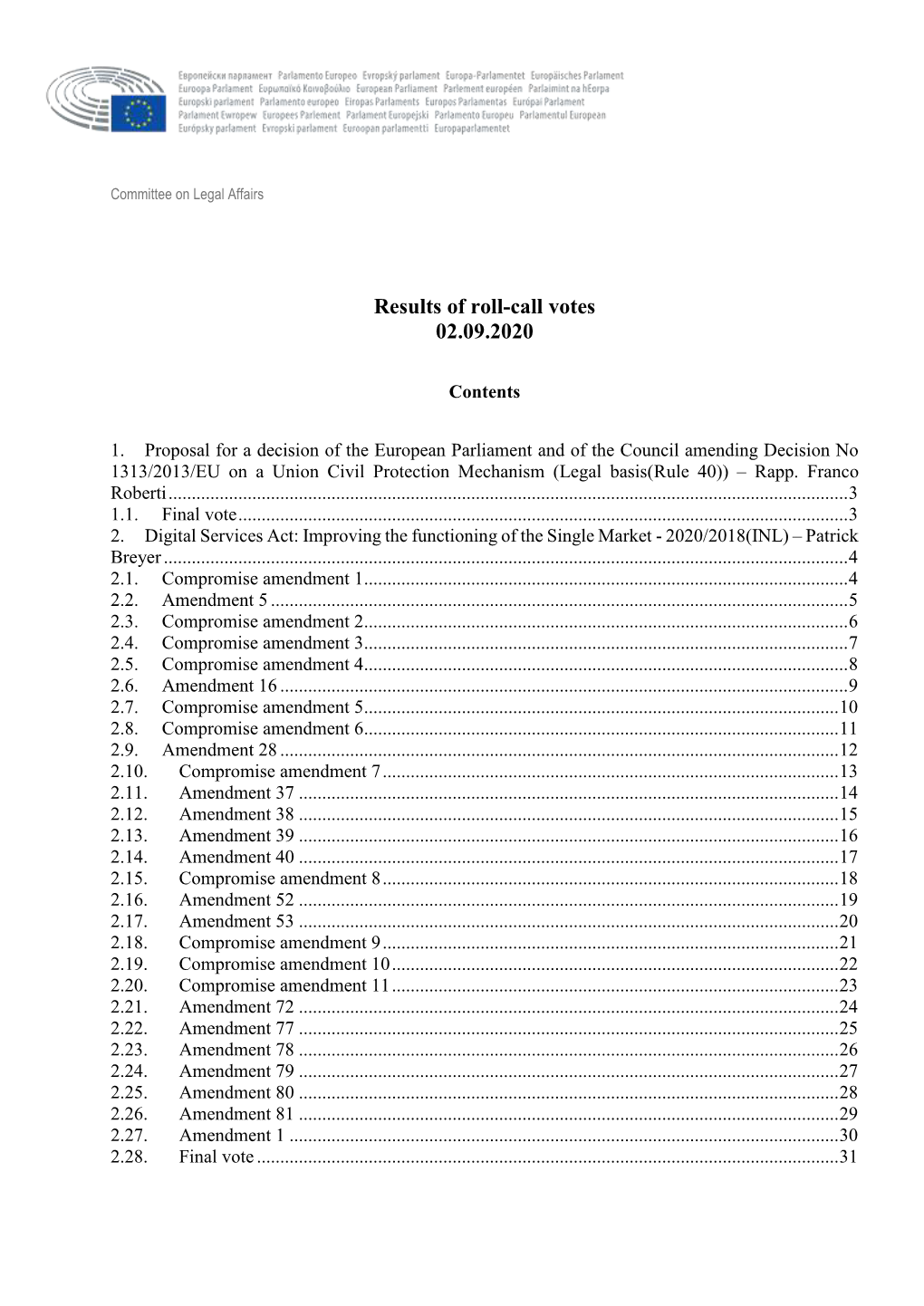 Roll Call Votes, JURI Committee Meeting on 4 February 2019