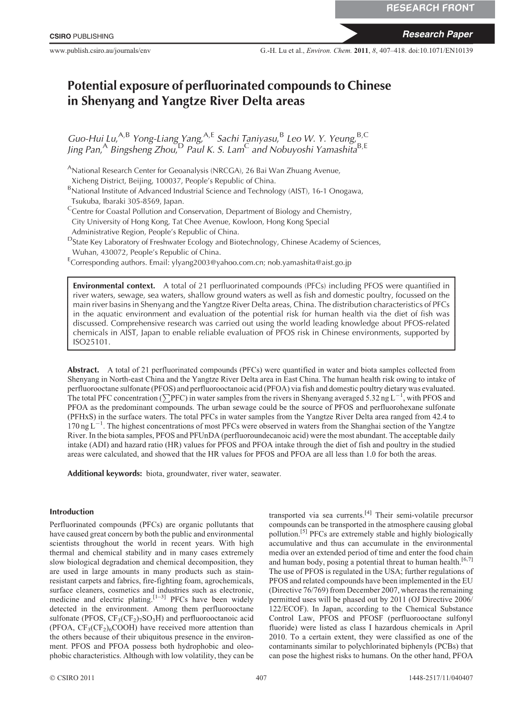 Potential Exposure of Perfluorinated Compounds to Chinese in Shenyang and Yangtze River Delta Areas