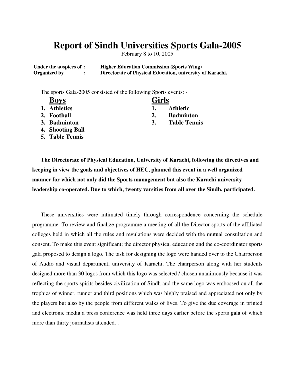 Report of Sindh Universities Sports Gala-2005 February 8 to 10, 2005