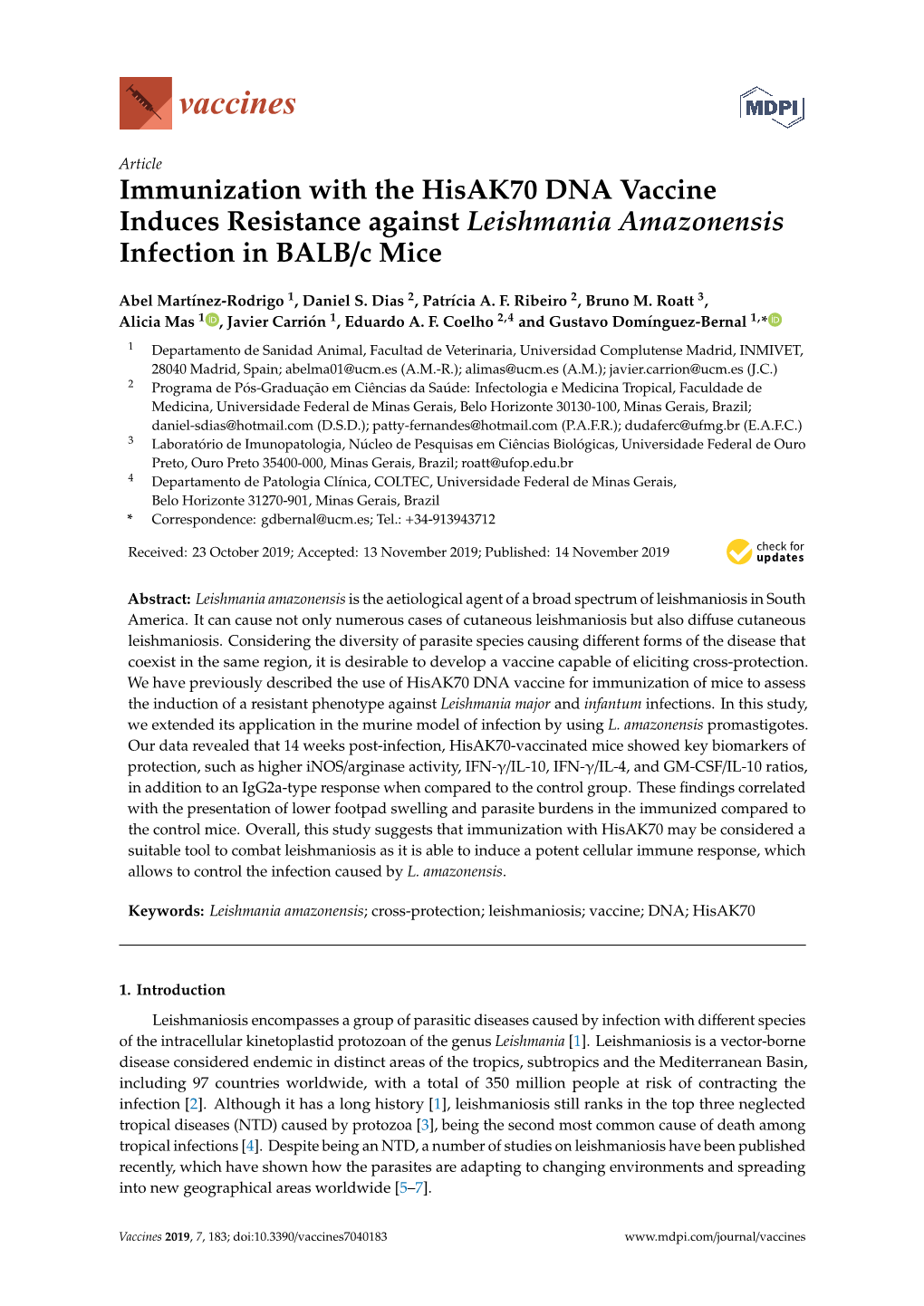 Immunization with the Hisak70 DNA Vaccine Induces Resistance Against Leishmania Amazonensis Infection in BALB/C Mice