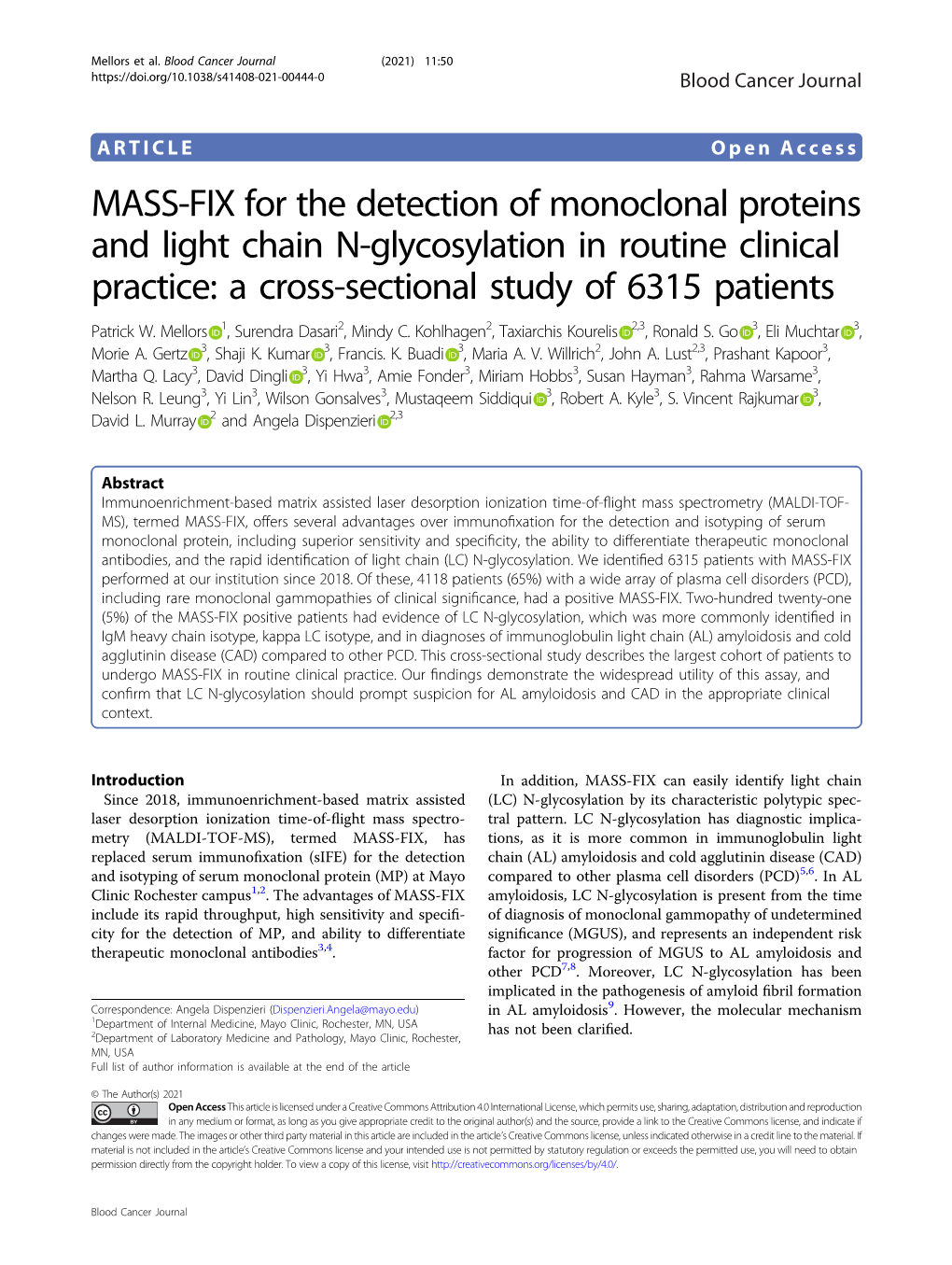 MASS-FIX for the Detection of Monoclonal Proteins and Light Chain N-Glycosylation in Routine Clinical Practice: a Cross-Sectional Study of 6315 Patients Patrick W