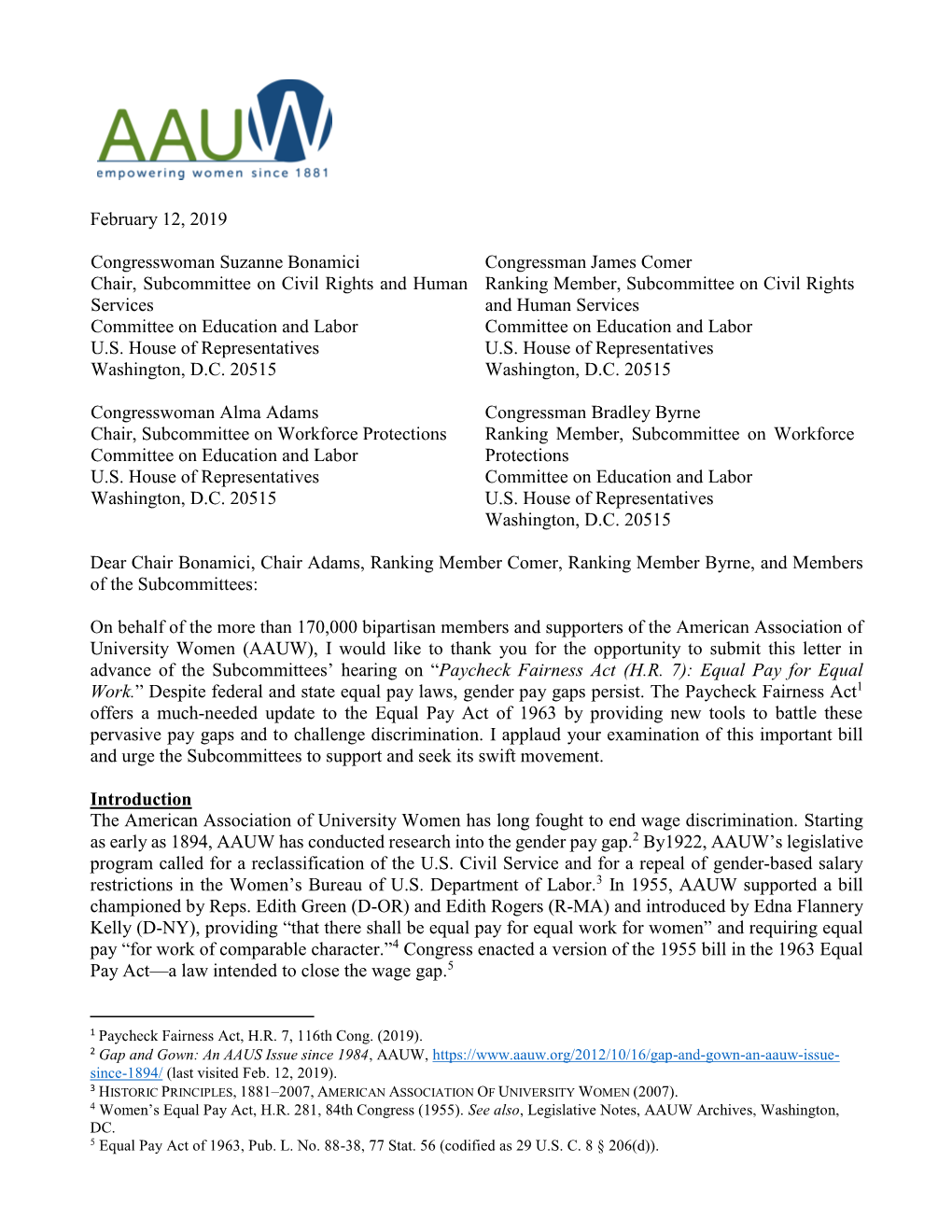 AAUW Statement for House Education and Labor Subcommittees Hearing